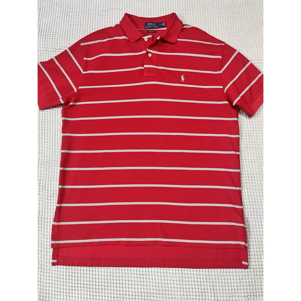 Polo Ralph Lauren Shirt Mens L Red Gray Striped Pique Polo Embroidered Pony Logo